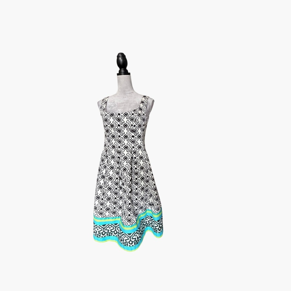 Kim Rogers Black White Geometric Border Hem Fit & Flare Dress Size 6 Turquoise